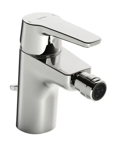 Einhebelmischer aus glänzendem Chrom mit seitlichem Hebel und eingebautem Strahlregler, gefertigt von HANSA, geeignet für die Montage an einem Bidet.